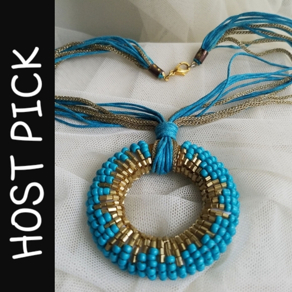 Turquoise Gold Beaded Statement Necklace Handmade NEW